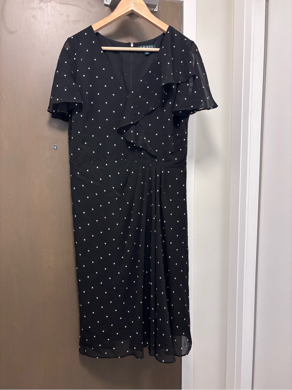 Ralph Lauren Black Polka Dot Midi Dress with Ruffle Detail